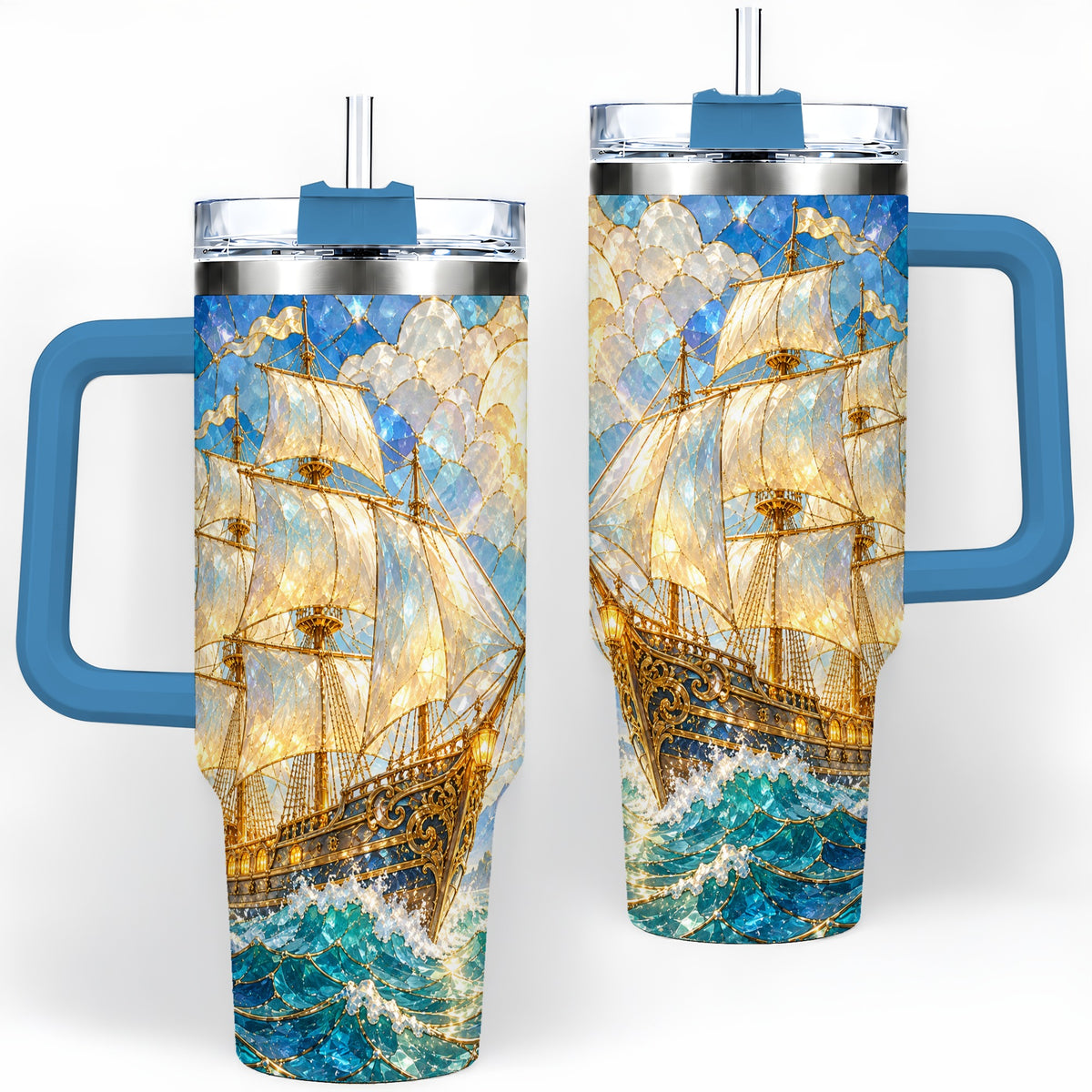 #pl[40oz|Blue] Sailing Ship 40oz Tumbler, Stainless Steel Drinkware for Nautical Fans