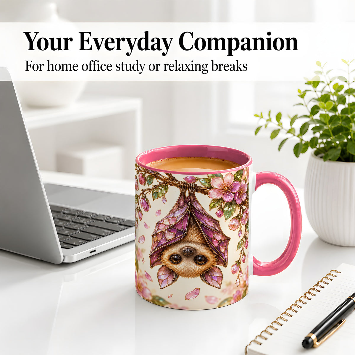 #pl[11oz|Pink] Floral Bat Accent Mug, Mug with Pink Blossom Artwork