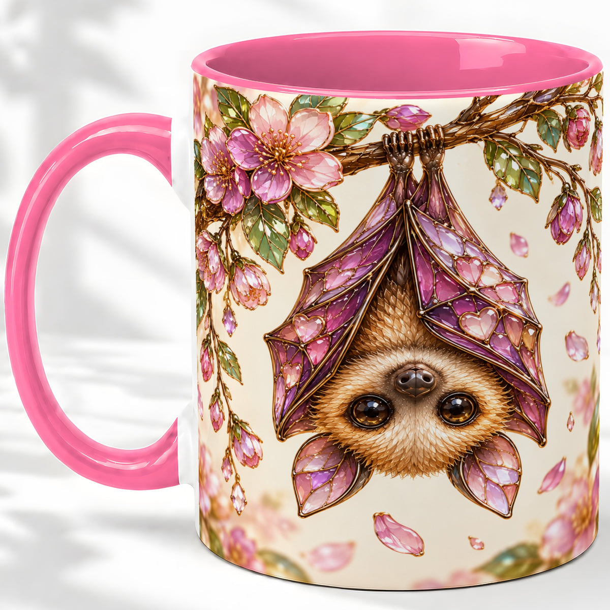 #pl[11oz|Pink] Floral Bat Accent Mug, Mug with Pink Blossom Artwork