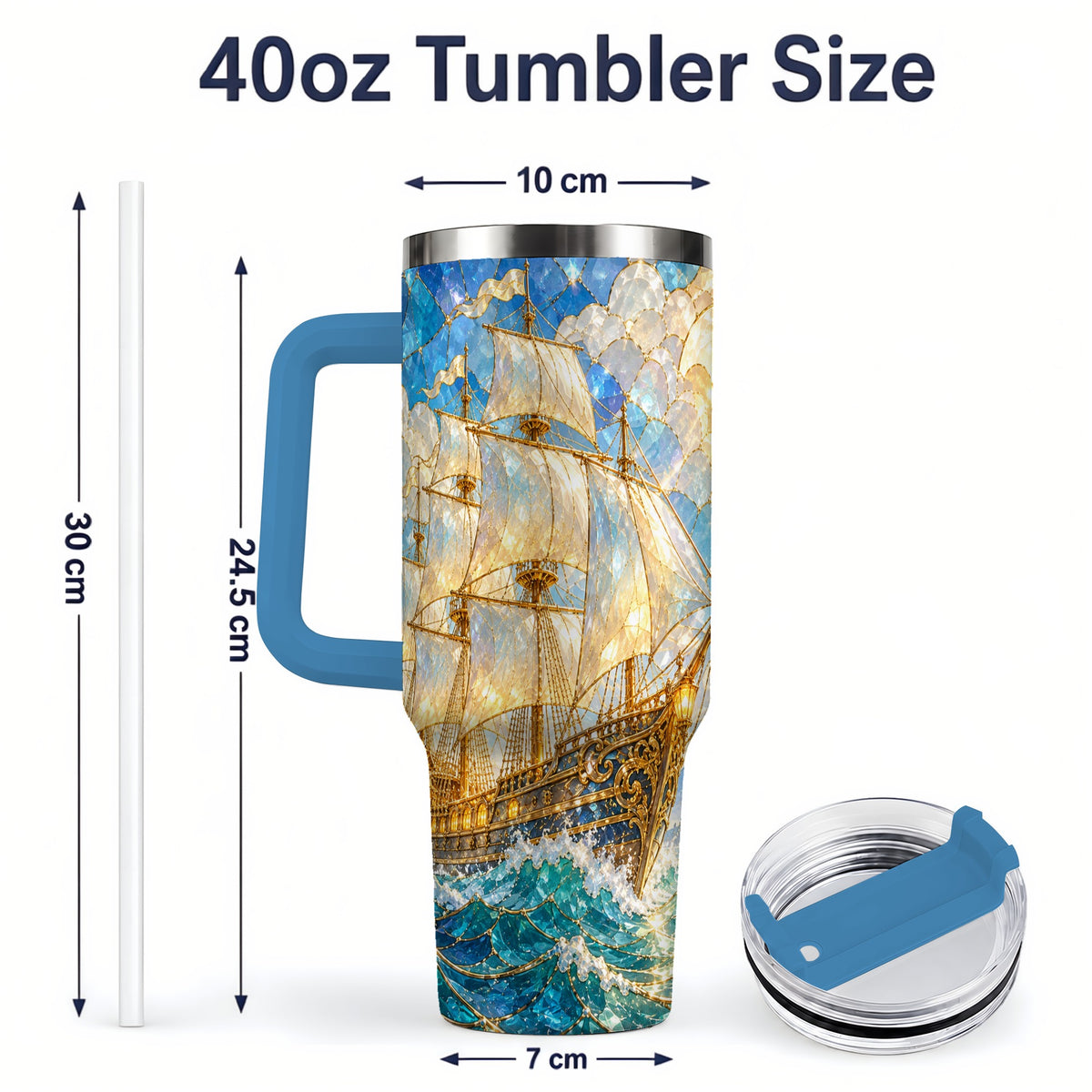 #pl[40oz|Blue] Sailing Ship 40oz Tumbler, Stainless Steel Drinkware for Nautical Fans
