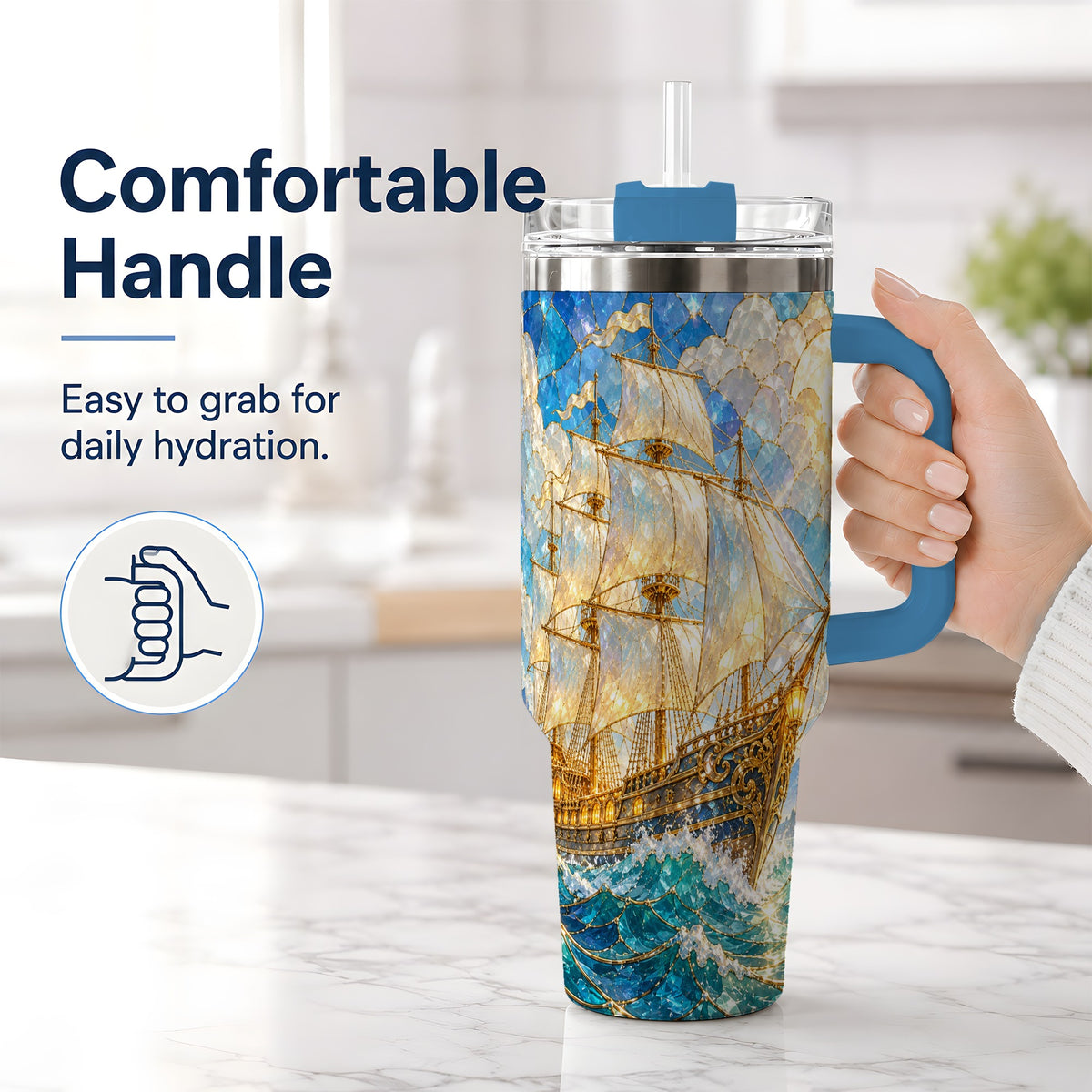 #pl[40oz|Blue] Sailing Ship 40oz Tumbler, Stainless Steel Drinkware for Nautical Fans