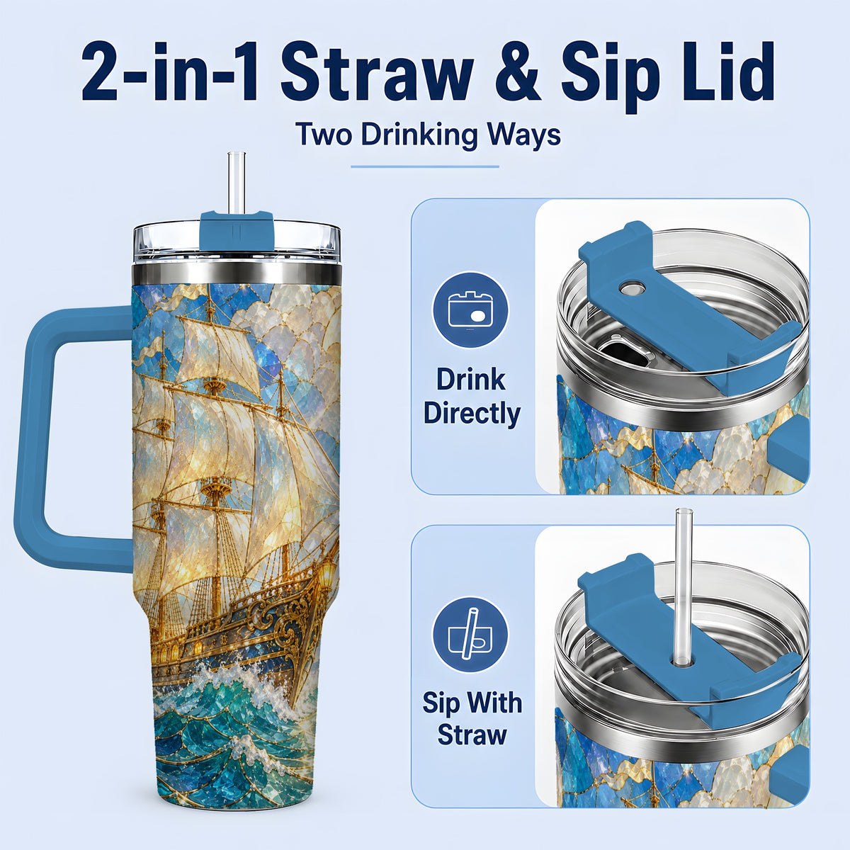 #pl[40oz|Blue] Sailing Ship 40oz Tumbler, Stainless Steel Drinkware for Nautical Fans