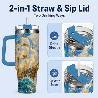 #pl[40oz|Blue] Sailing Ship 40oz Tumbler, Stainless Steel Drinkware for Nautical Fans