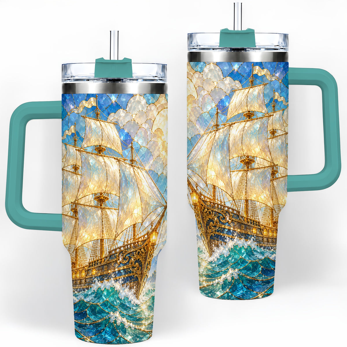 #pl[40oz|Green] Sailing Ship 40oz Tumbler, Stainless Steel Drinkware for Nautical Fans