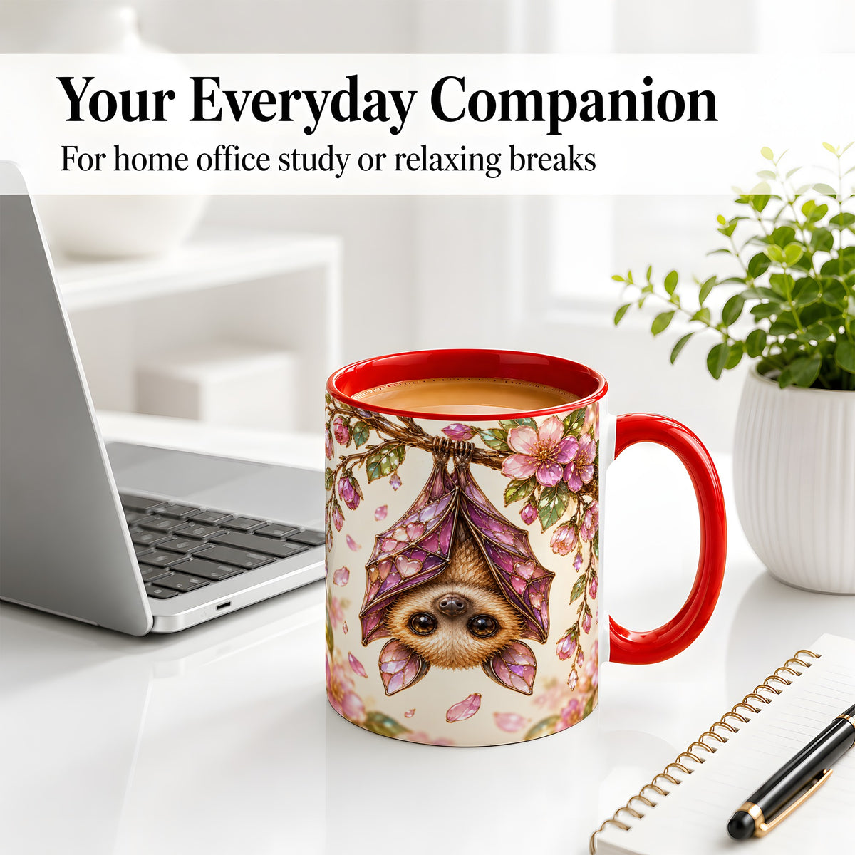 #pl[11oz|Red] Floral Bat Accent Mug, Mug with Pink Blossom Artwork