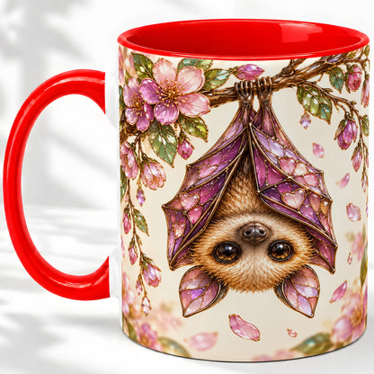 Floral Bat Accent Mug, Mug with Pink Blossom Artwork