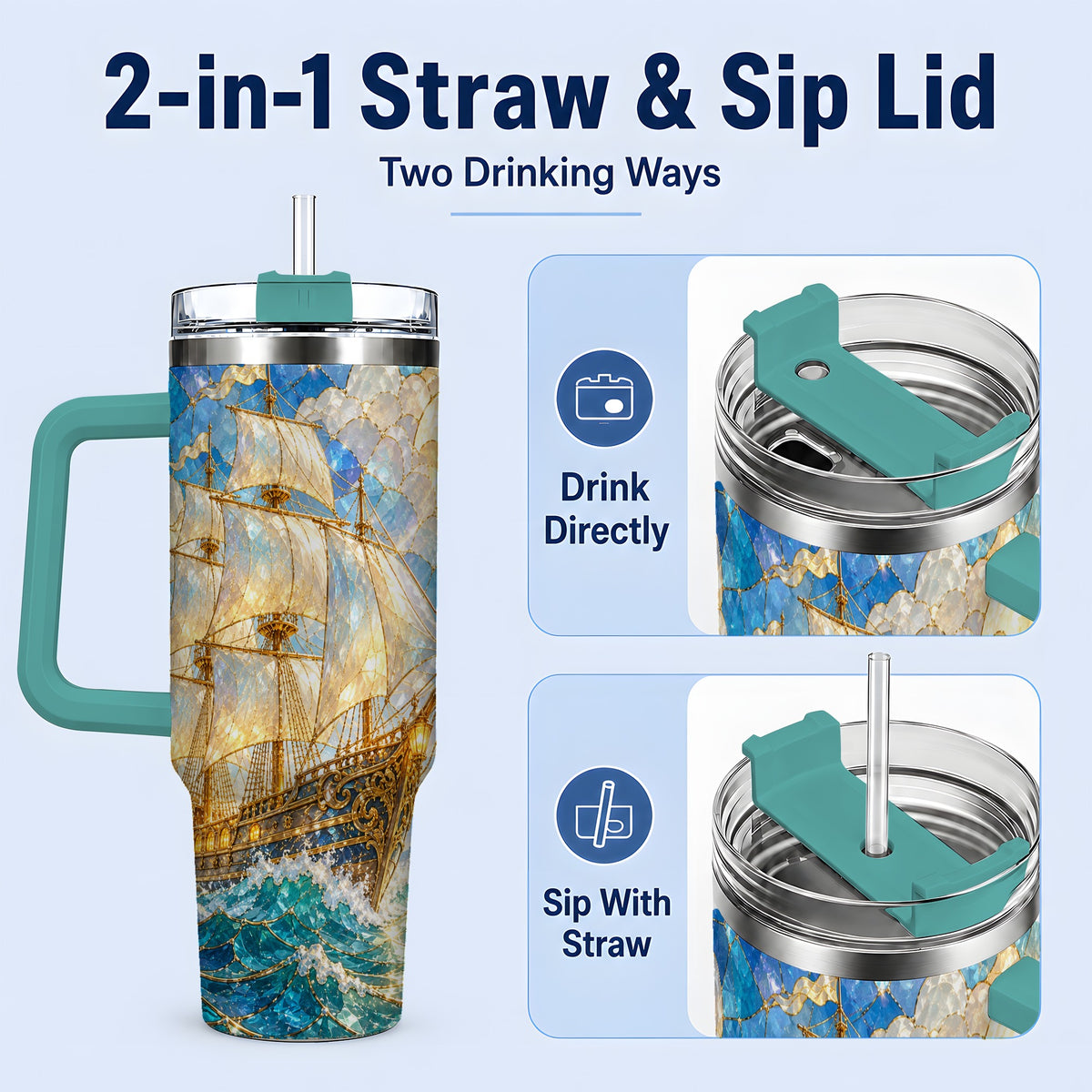 #pl[40oz|Green] Sailing Ship 40oz Tumbler, Stainless Steel Drinkware for Nautical Fans