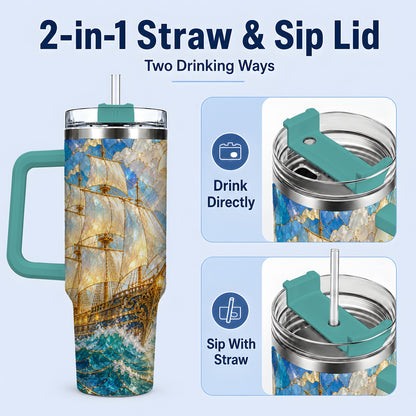 #pl[40oz|Green] Sailing Ship 40oz Tumbler, Stainless Steel Drinkware for Nautical Fans