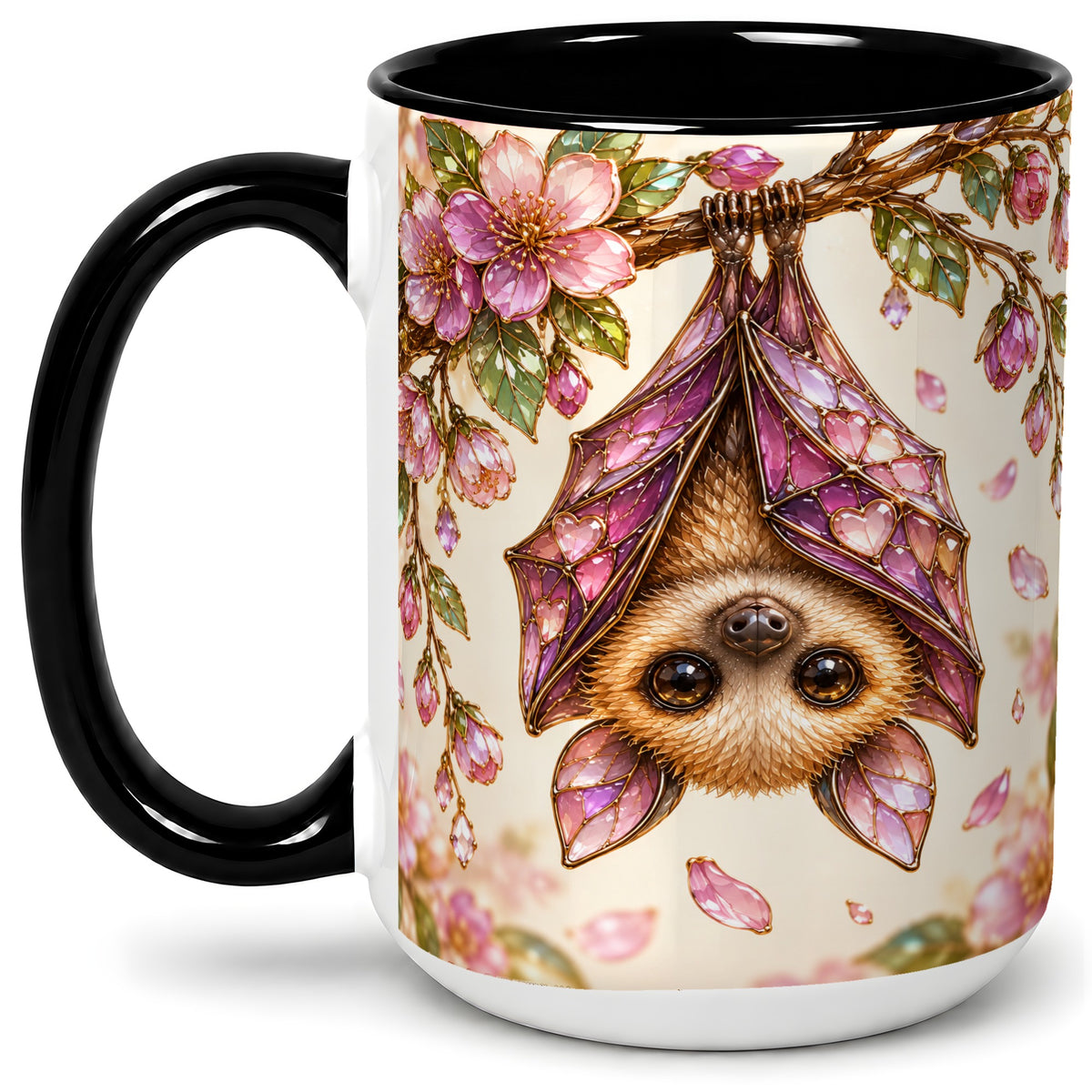#pl[15oz|Black] Floral Bat Accent Mug, Mug with Pink Blossom Artwork