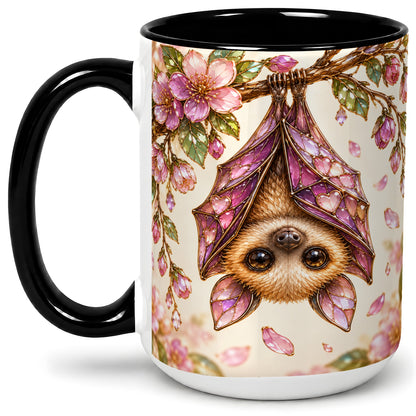 #pl[15oz|Black] Floral Bat Accent Mug, Mug with Pink Blossom Artwork