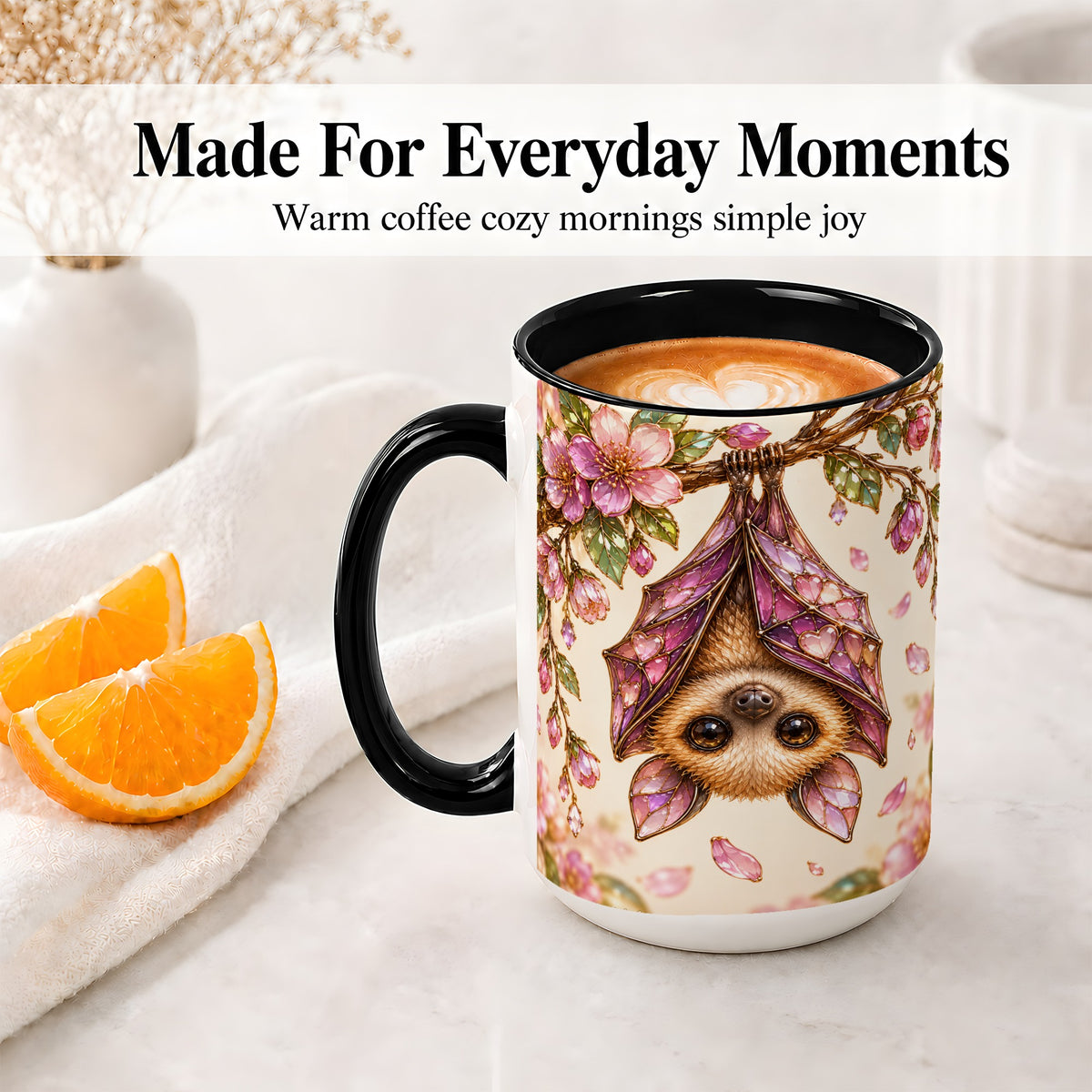 #pl[15oz|Black] Floral Bat Accent Mug, Mug with Pink Blossom Artwork