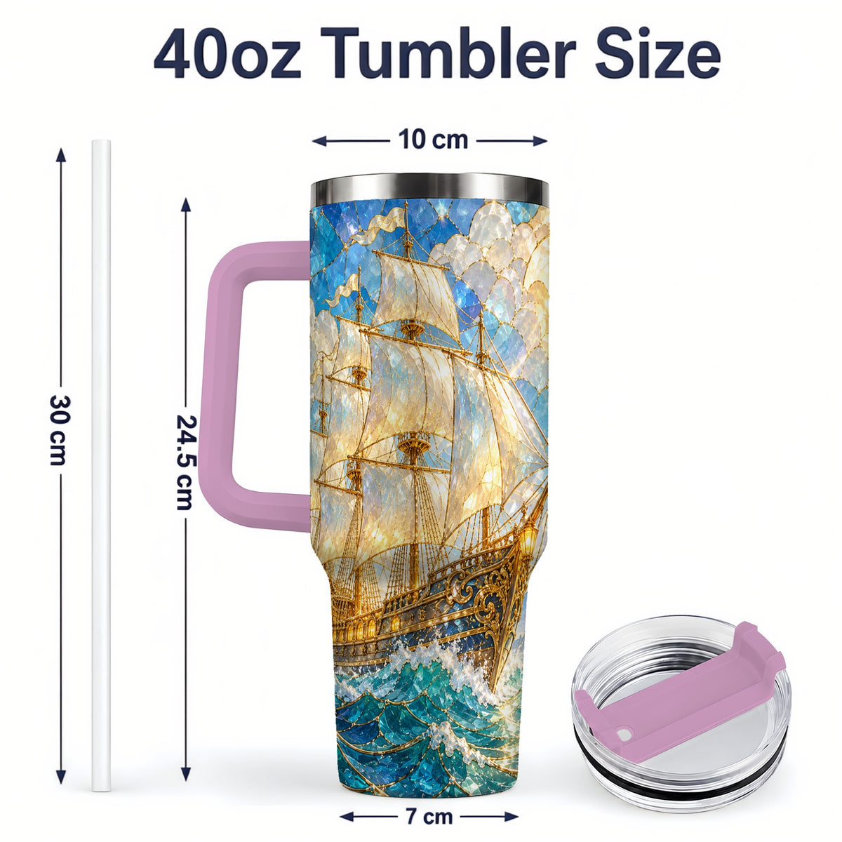#pl[40oz|Pink] Sailing Ship 40oz Tumbler, Stainless Steel Drinkware for Nautical Fans