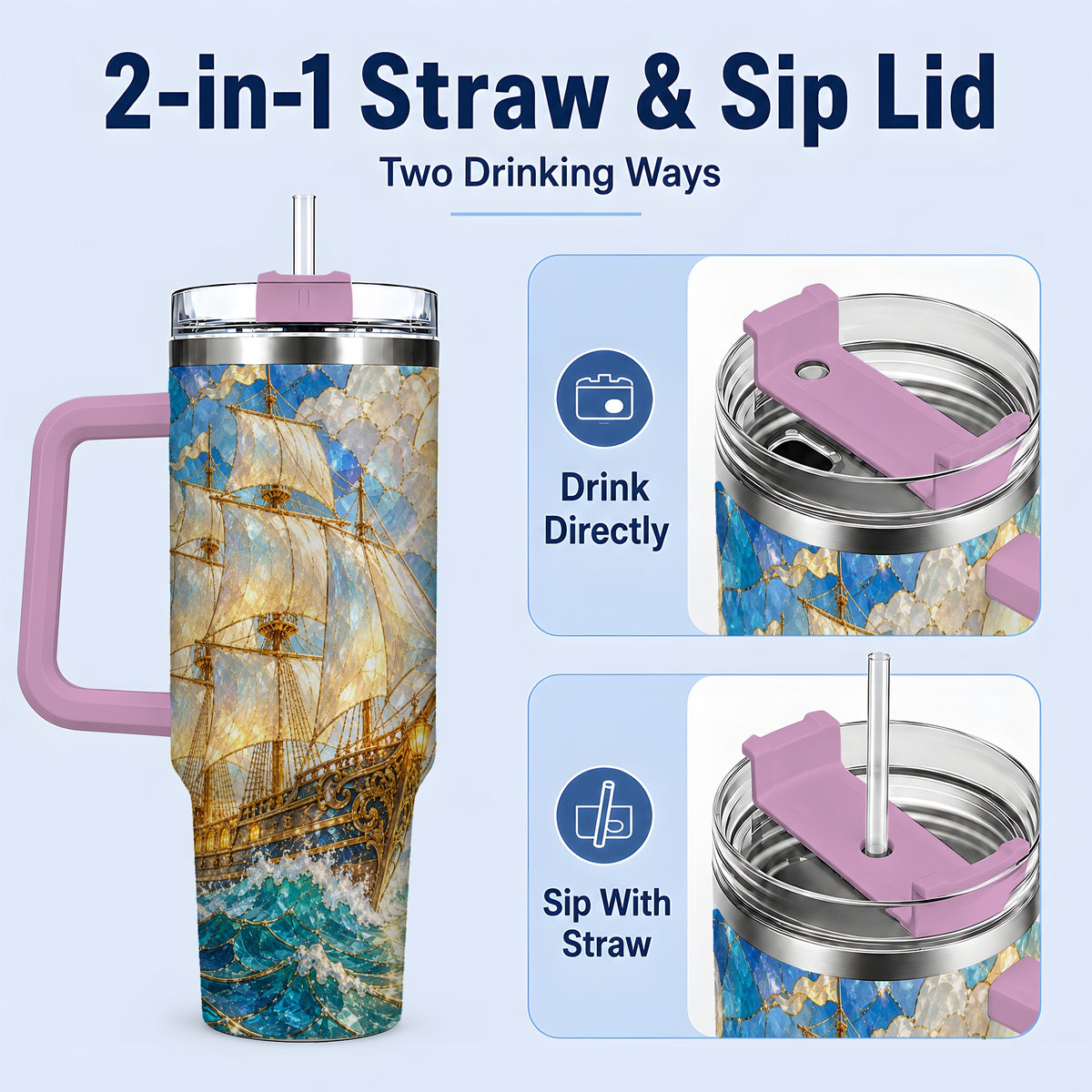 #pl[40oz|Pink] Sailing Ship 40oz Tumbler, Stainless Steel Drinkware for Nautical Fans