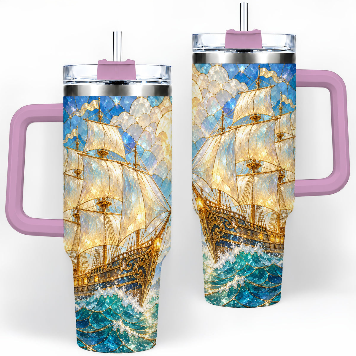 #pl[40oz|Pink] Sailing Ship 40oz Tumbler, Stainless Steel Drinkware for Nautical Fans