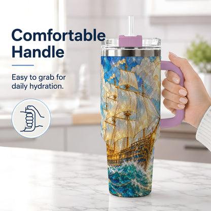 #pl[40oz|Pink] Sailing Ship 40oz Tumbler, Stainless Steel Drinkware for Nautical Fans