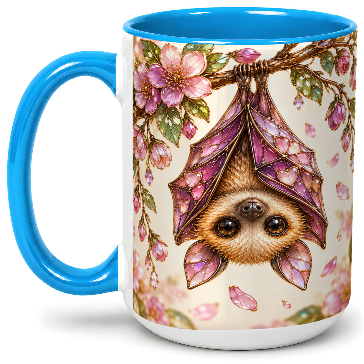 #pl[15oz|Blue] Floral Bat Accent Mug, Mug with Pink Blossom Artwork