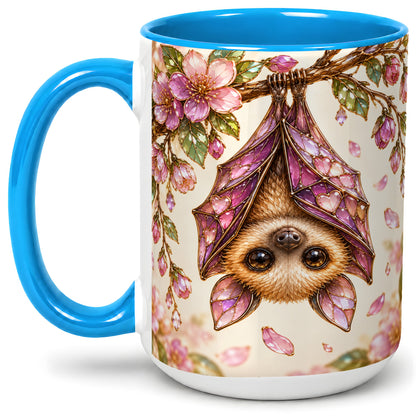 #pl[15oz|Blue] Floral Bat Accent Mug, Mug with Pink Blossom Artwork