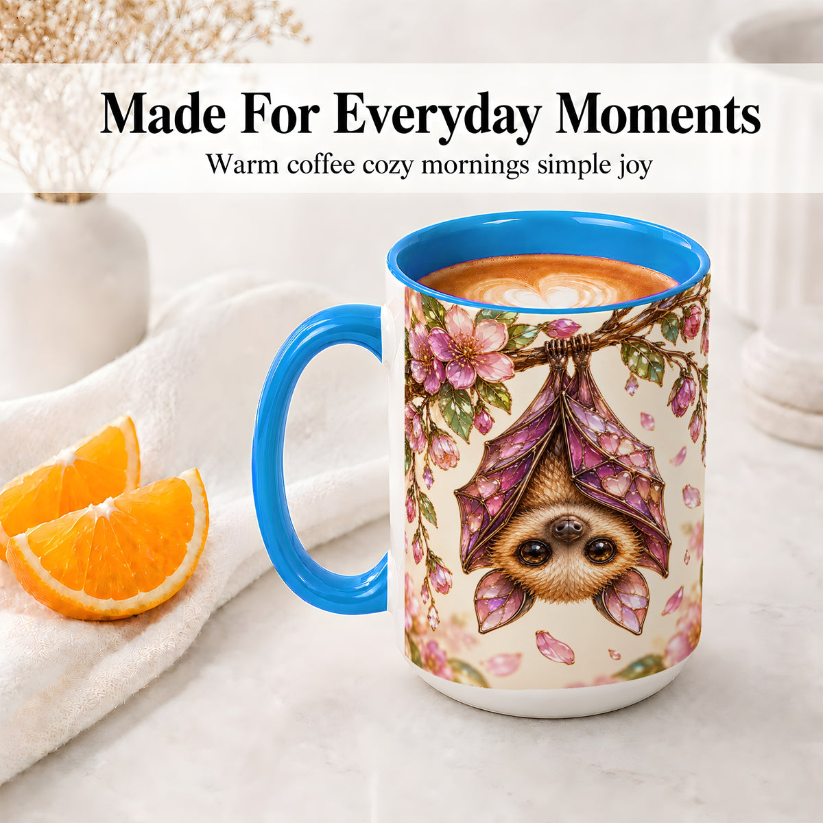 #pl[15oz|Blue] Floral Bat Accent Mug, Mug with Pink Blossom Artwork