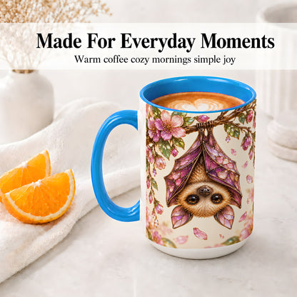 #pl[15oz|Blue] Floral Bat Accent Mug, Mug with Pink Blossom Artwork