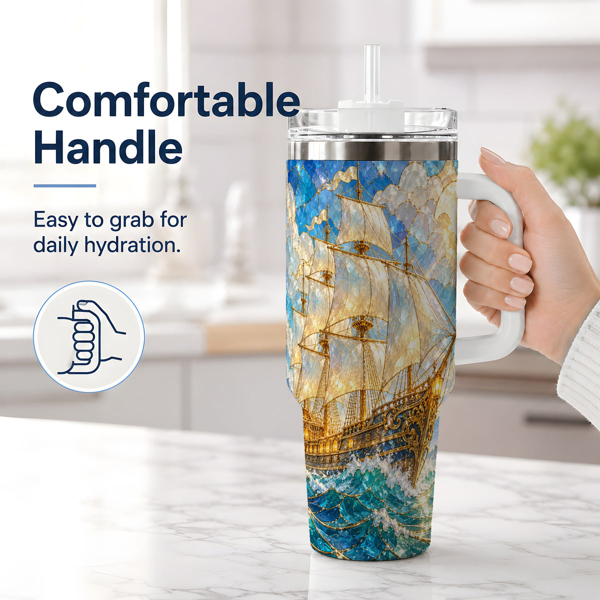 #pl[40oz|White] Sailing Ship 40oz Tumbler, Stainless Steel Drinkware for Nautical Fans