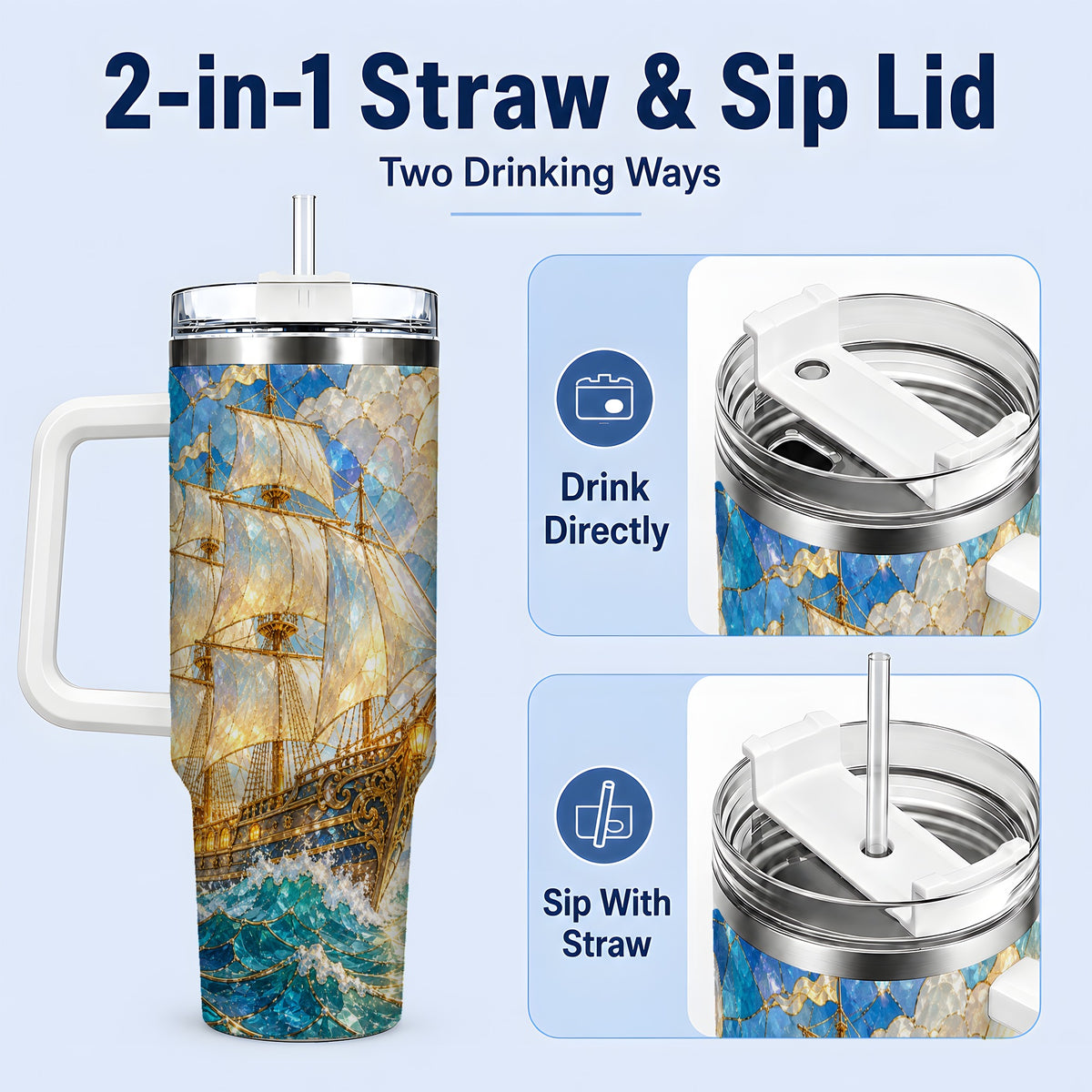 #pl[40oz|White] Sailing Ship 40oz Tumbler, Stainless Steel Drinkware for Nautical Fans