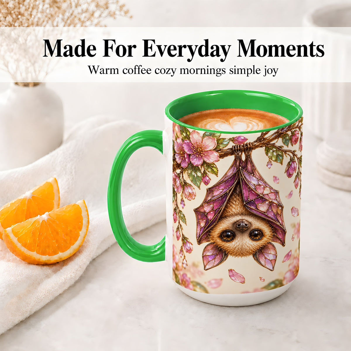 #pl[15oz|Green] Floral Bat Accent Mug, Mug with Pink Blossom Artwork