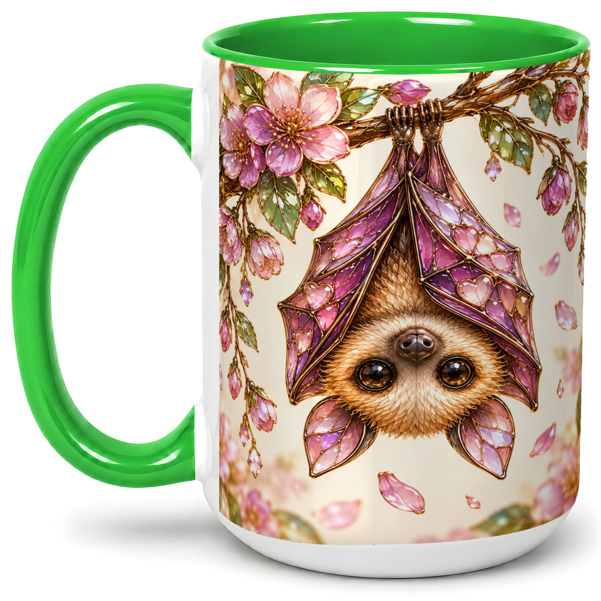 #pl[15oz|Green] Floral Bat Accent Mug, Mug with Pink Blossom Artwork