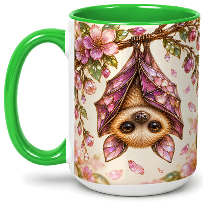#pl[15oz|Green] Floral Bat Accent Mug, Mug with Pink Blossom Artwork