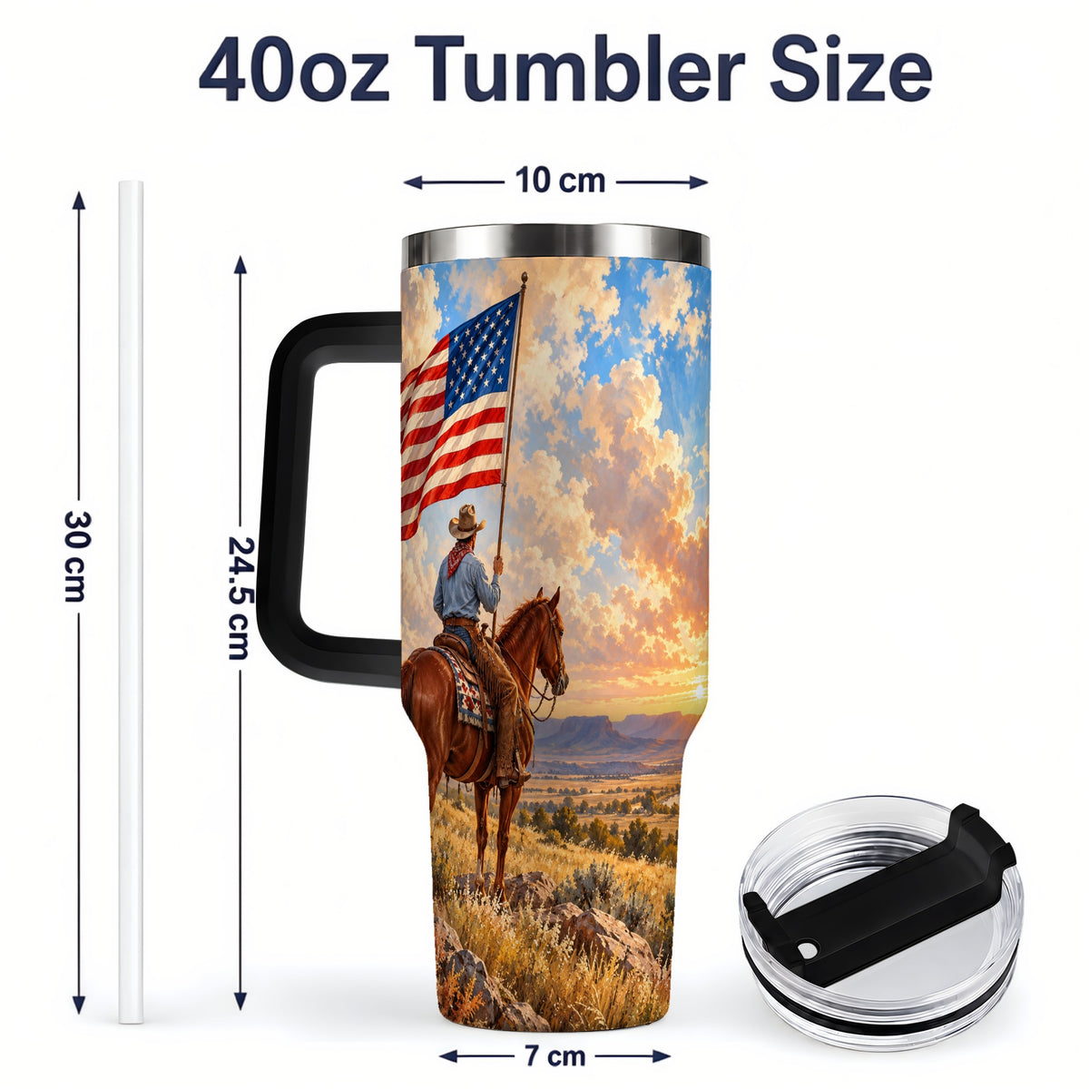 #pl[40oz|Black] Patriotic Cowboy 40oz Tumbler, Stainless Steel Drinkware for Western Fans