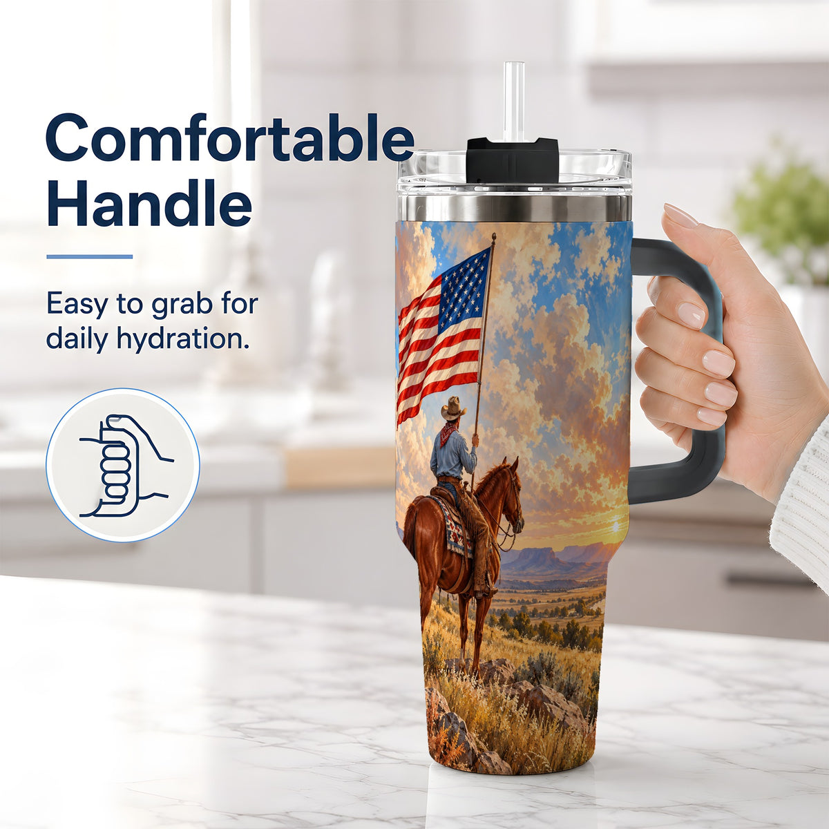 #pl[40oz|Black] Patriotic Cowboy 40oz Tumbler, Stainless Steel Drinkware for Western Fans
