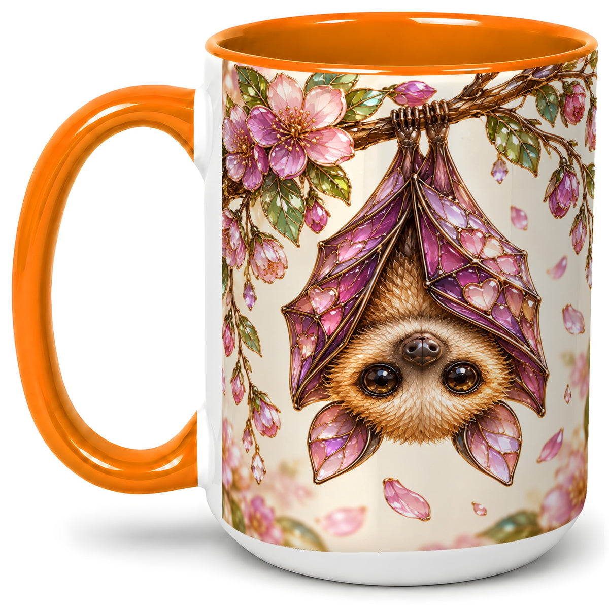 #pl[15oz|Orange] Floral Bat Accent Mug, Mug with Pink Blossom Artwork