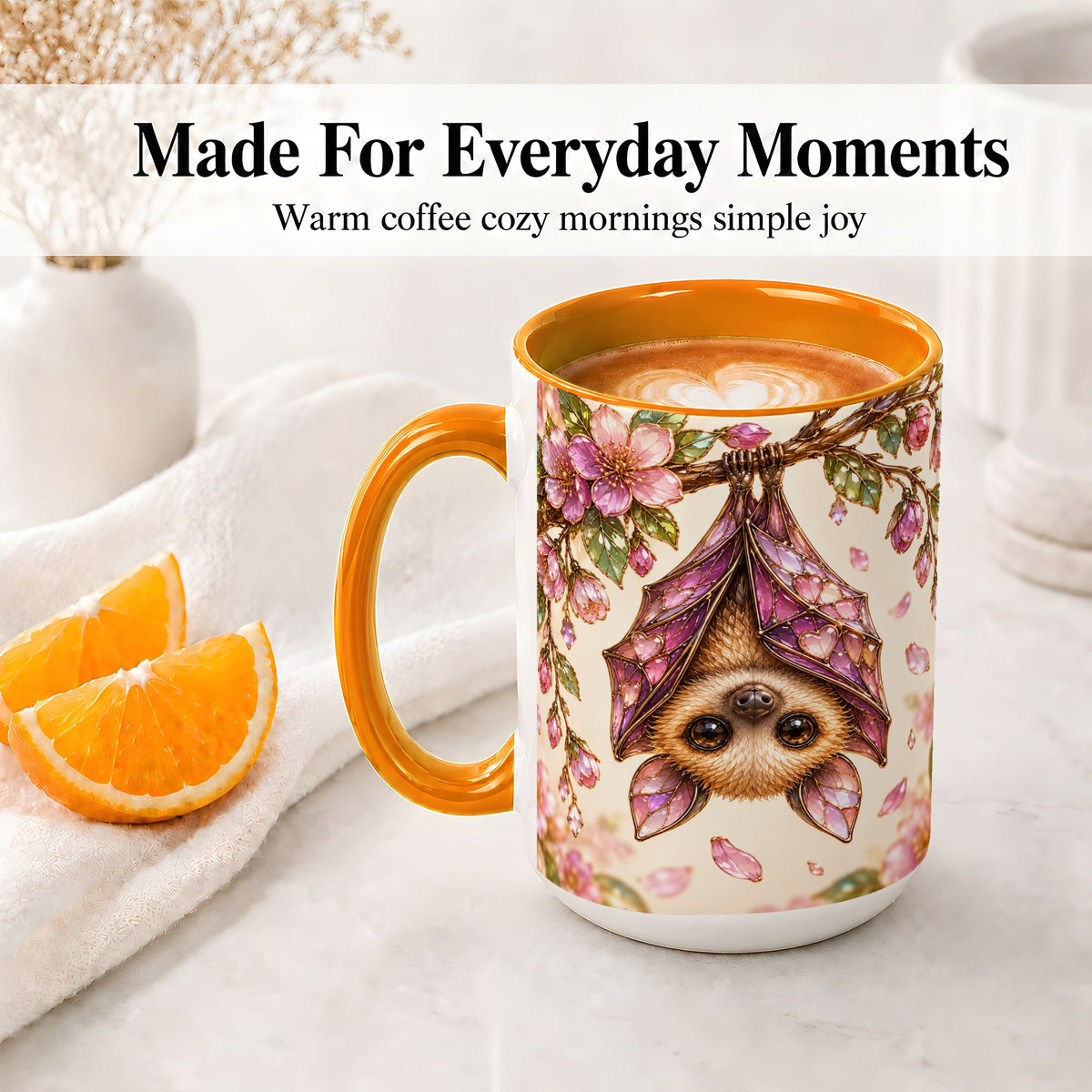 #pl[15oz|Orange] Floral Bat Accent Mug, Mug with Pink Blossom Artwork