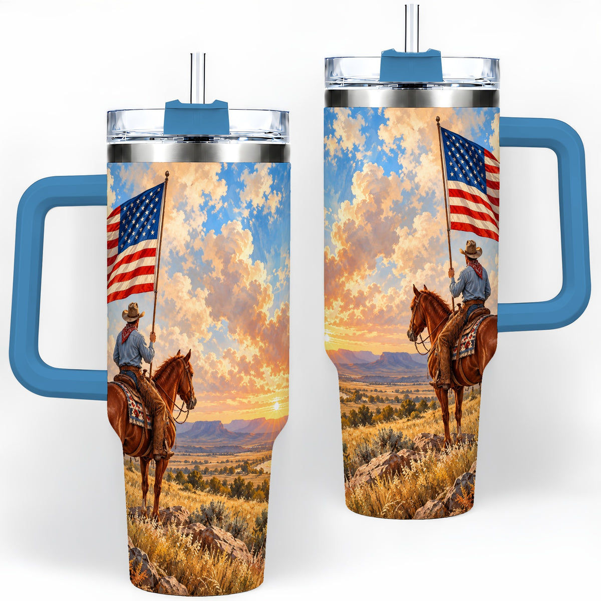 #pl[40oz|Blue] Patriotic Cowboy 40oz Tumbler, Stainless Steel Drinkware for Western Fans