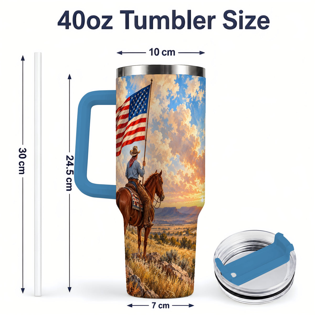 #pl[40oz|Blue] Patriotic Cowboy 40oz Tumbler, Stainless Steel Drinkware for Western Fans