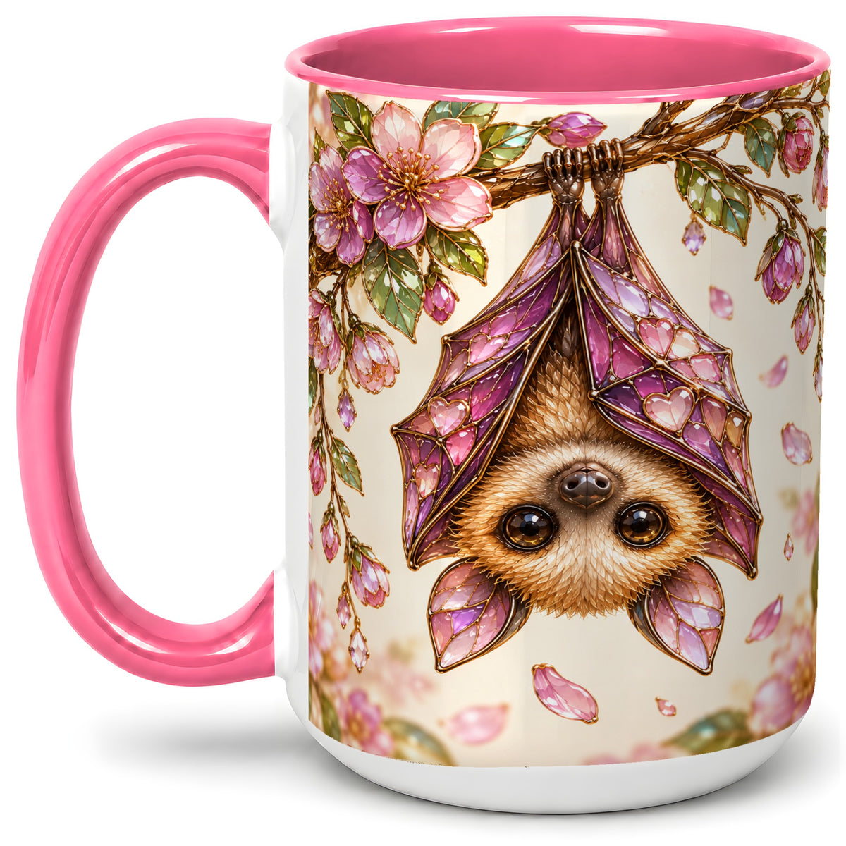 #pl[15oz|Pink] Floral Bat Accent Mug, Mug with Pink Blossom Artwork