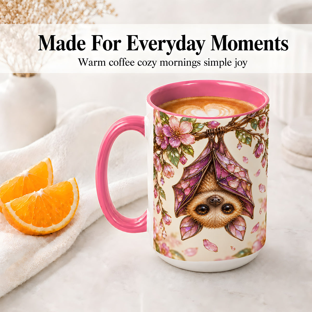 #pl[15oz|Pink] Floral Bat Accent Mug, Mug with Pink Blossom Artwork