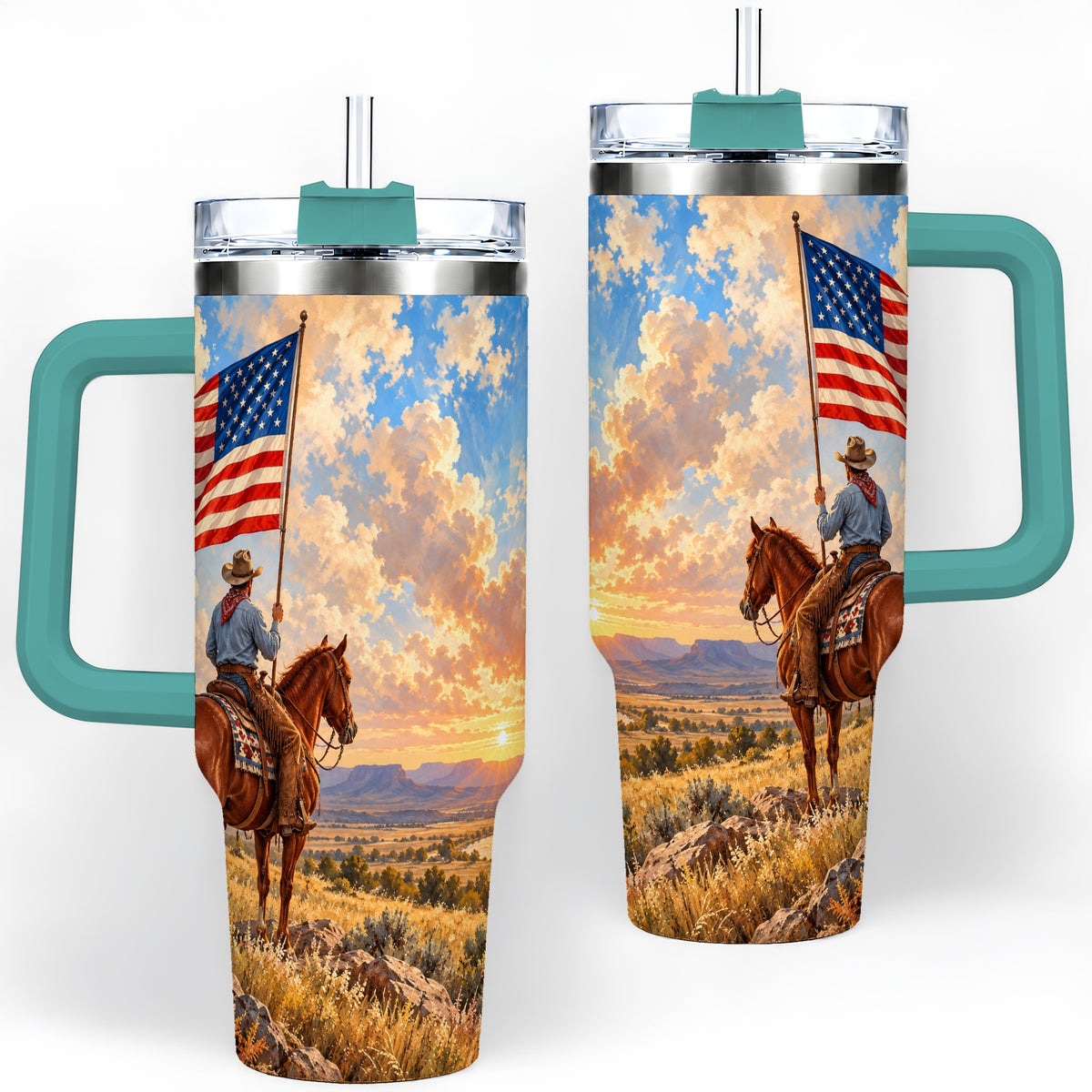 #pl[40oz|Green] Patriotic Cowboy 40oz Tumbler, Stainless Steel Drinkware for Western Fans