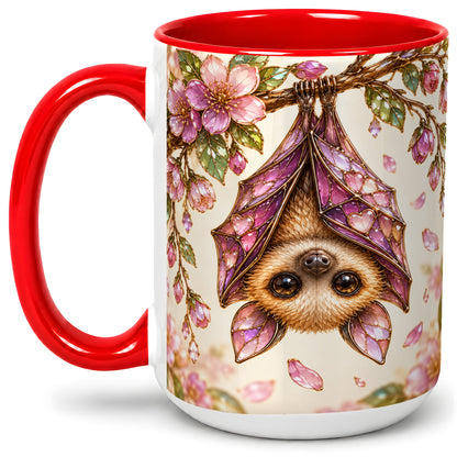 #pl[15oz|Red] Floral Bat Accent Mug, Mug with Pink Blossom Artwork