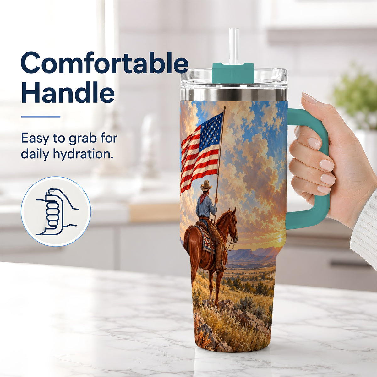 #pl[40oz|Green] Patriotic Cowboy 40oz Tumbler, Stainless Steel Drinkware for Western Fans