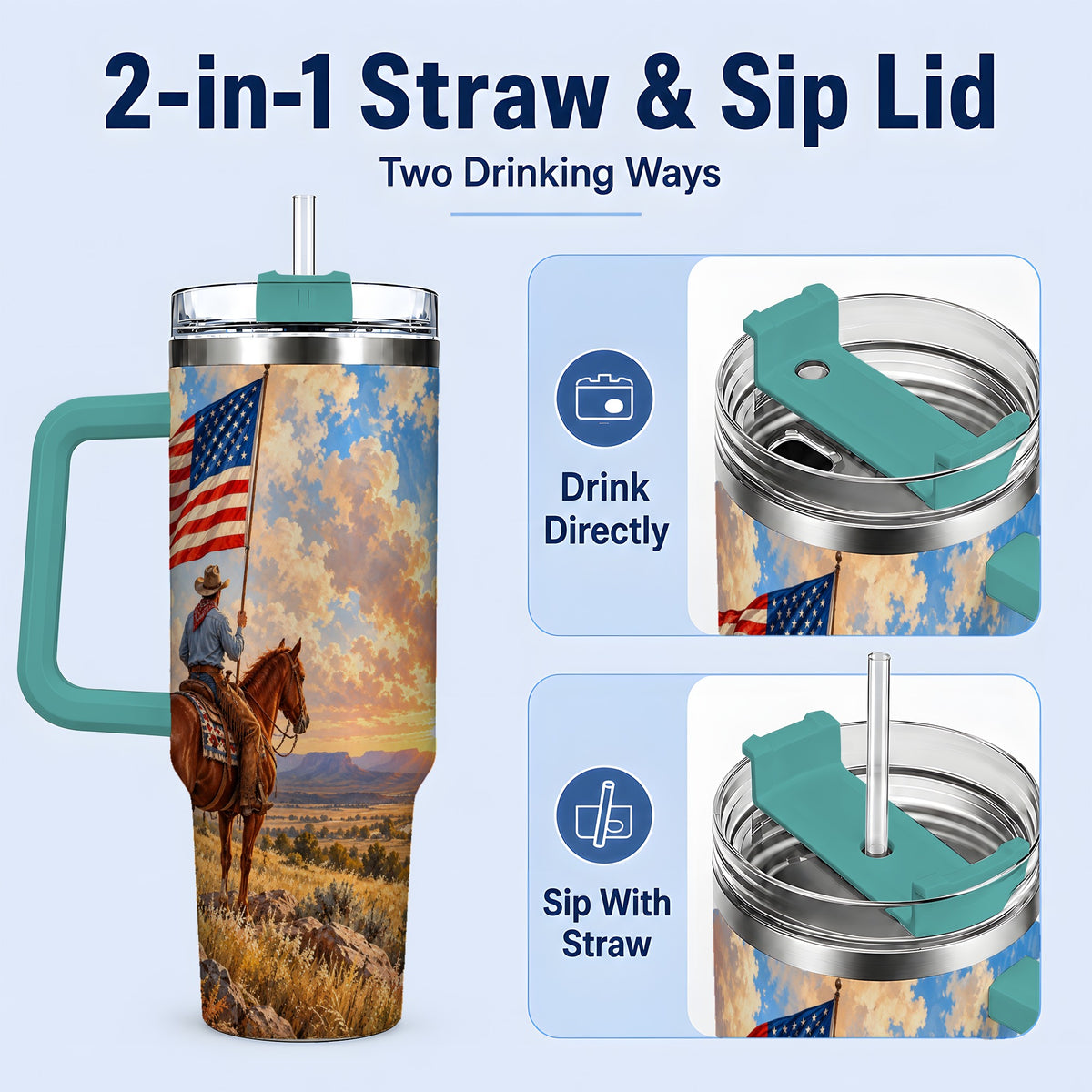 #pl[40oz|Green] Patriotic Cowboy 40oz Tumbler, Stainless Steel Drinkware for Western Fans