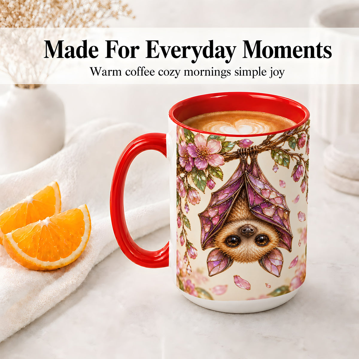 #pl[15oz|Red] Floral Bat Accent Mug, Mug with Pink Blossom Artwork