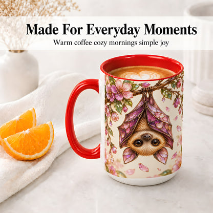#pl[15oz|Red] Floral Bat Accent Mug, Mug with Pink Blossom Artwork