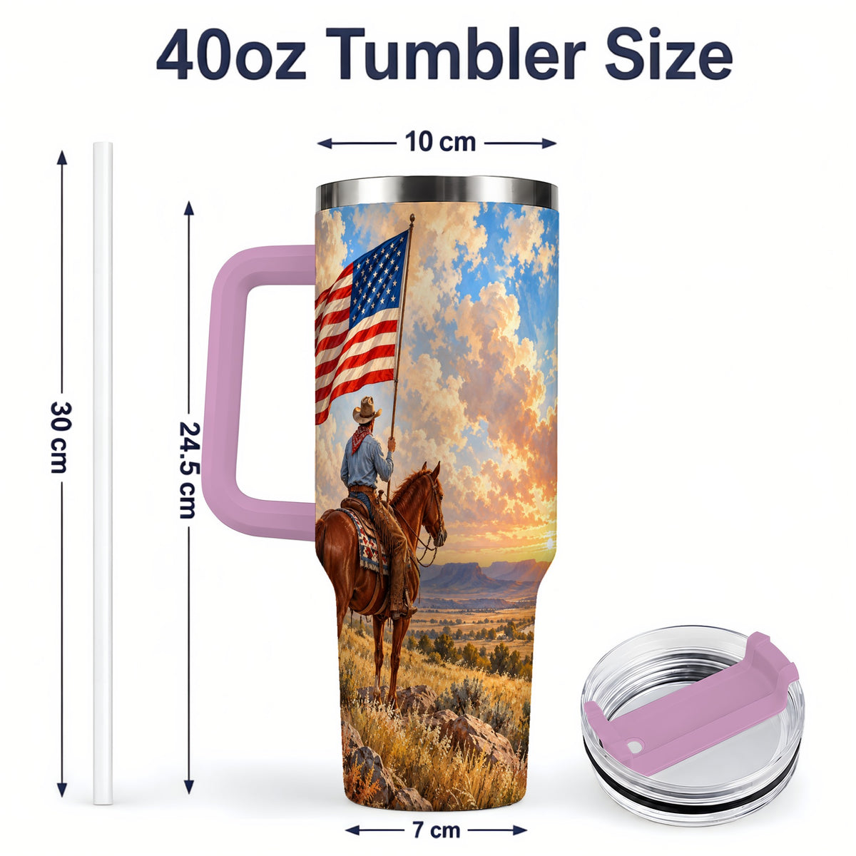 #pl[40oz|Pink] Patriotic Cowboy 40oz Tumbler, Stainless Steel Drinkware for Western Fans
