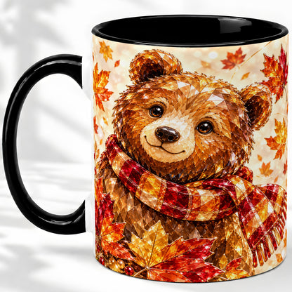 #pl[11oz|Black] Autumn Bear Scarf Accent Mug, Mug with Maple Leaf Artwork
