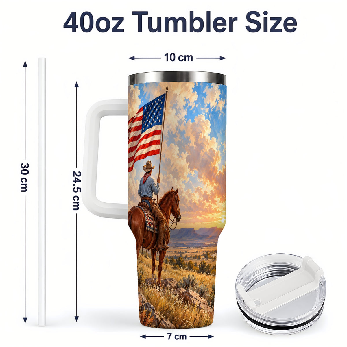 #pl[40oz|White] Patriotic Cowboy 40oz Tumbler, Stainless Steel Drinkware for Western Fans