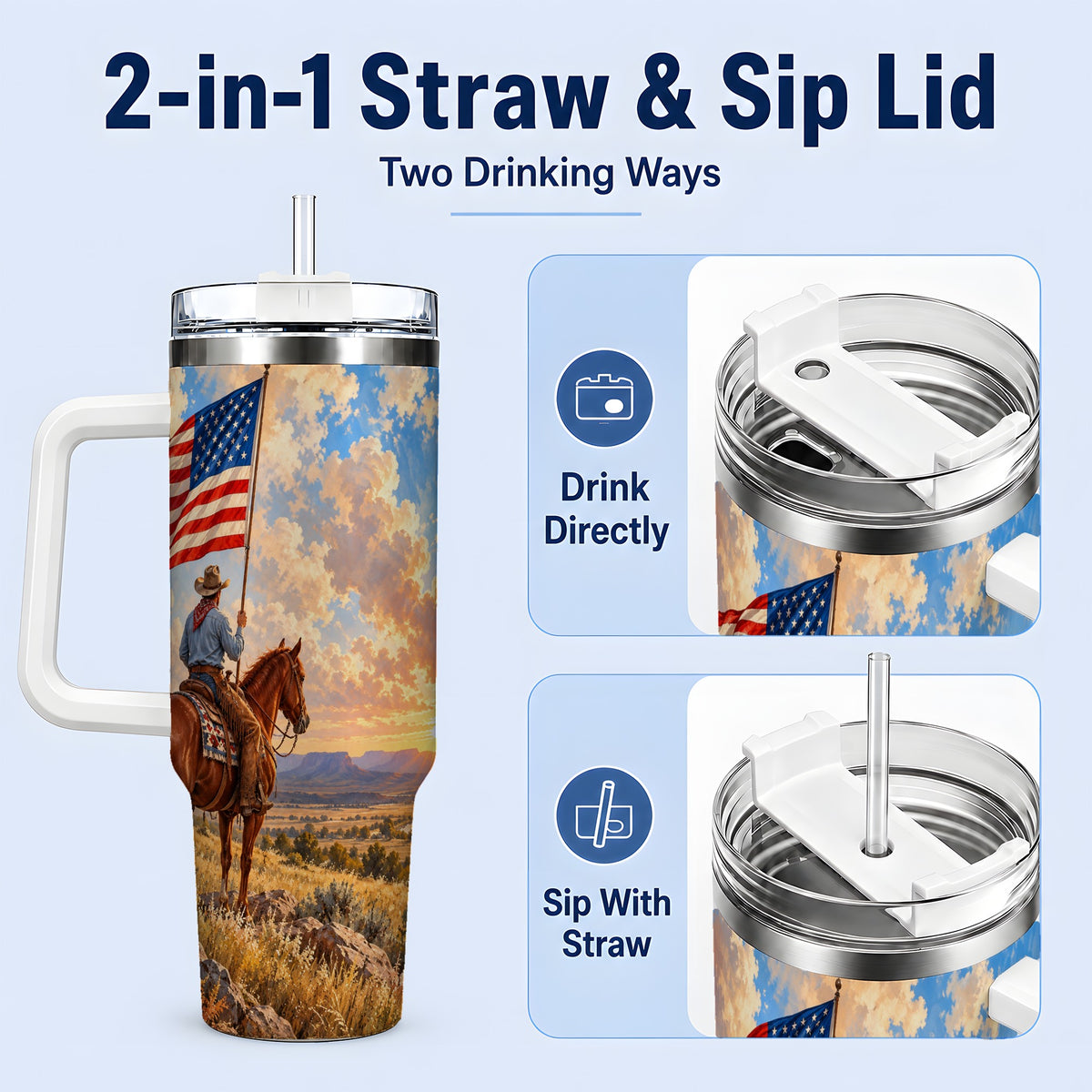 #pl[40oz|White] Patriotic Cowboy 40oz Tumbler, Stainless Steel Drinkware for Western Fans