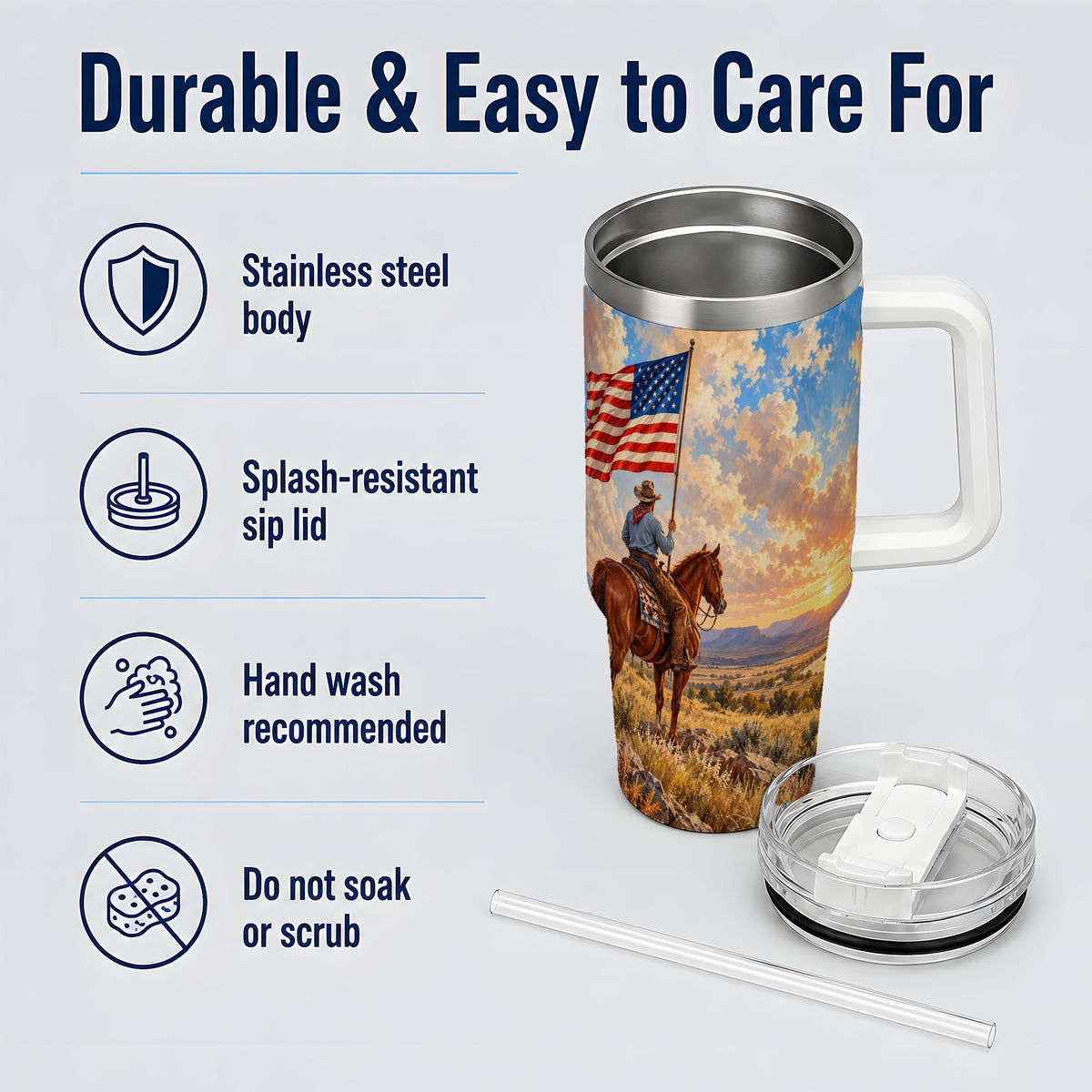 Patriotic Cowboy 40oz Tumbler, Stainless Steel Drinkware for Western Fans