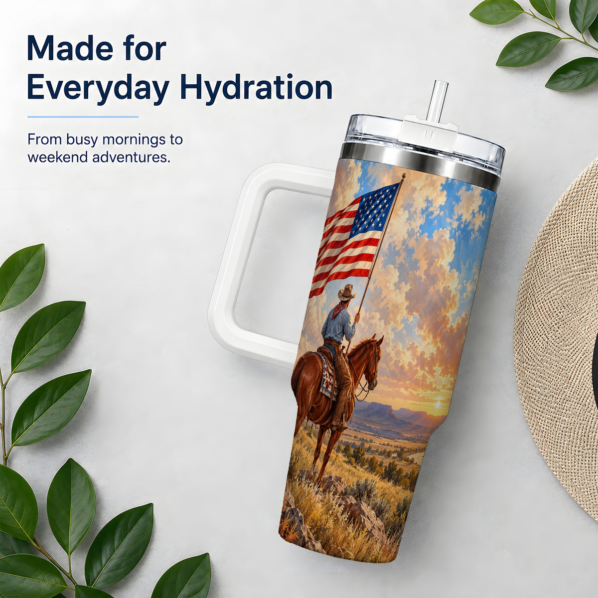 Patriotic Cowboy 40oz Tumbler, Stainless Steel Drinkware for Western Fans