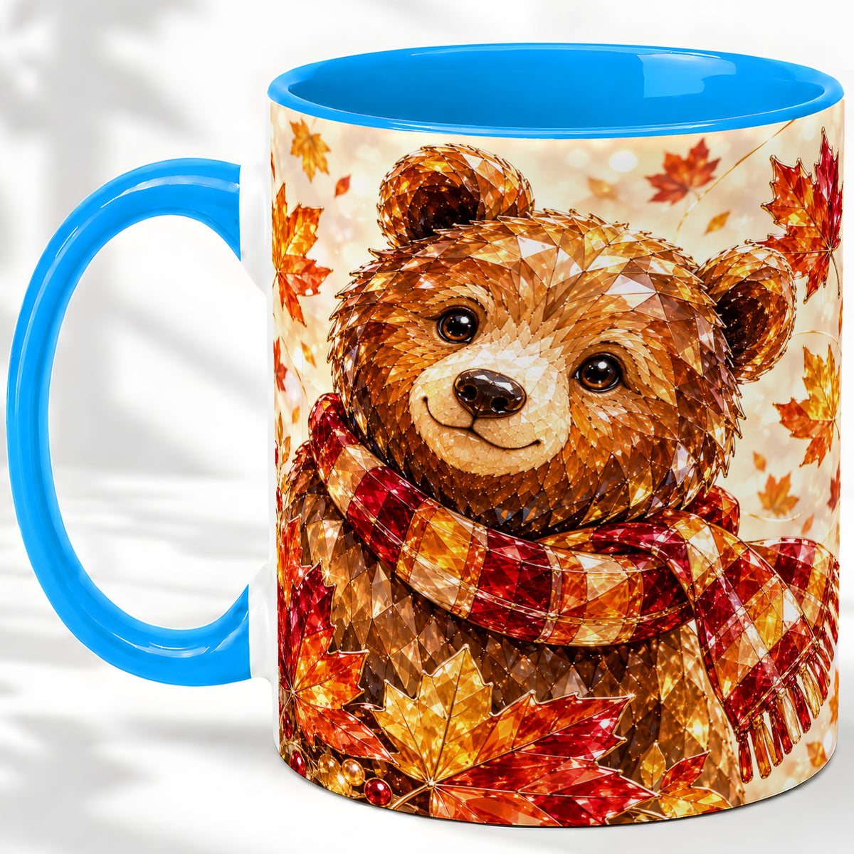 #pl[11oz|Blue] Autumn Bear Scarf Accent Mug, Mug with Maple Leaf Artwork