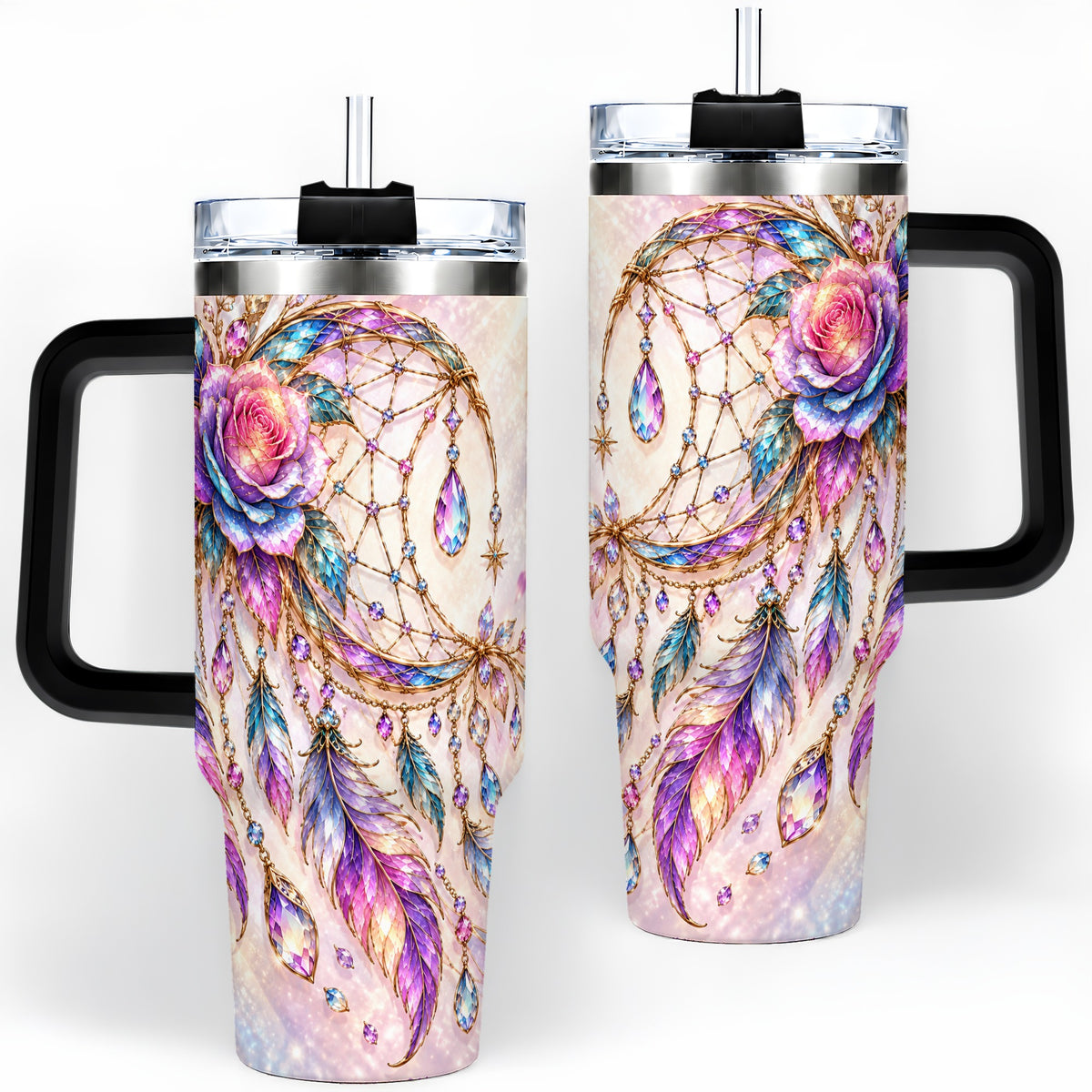 #pl[40oz|Black] Floral Dreamcatcher 40oz Tumbler, Stainless Steel Drinkware for Boho Fans